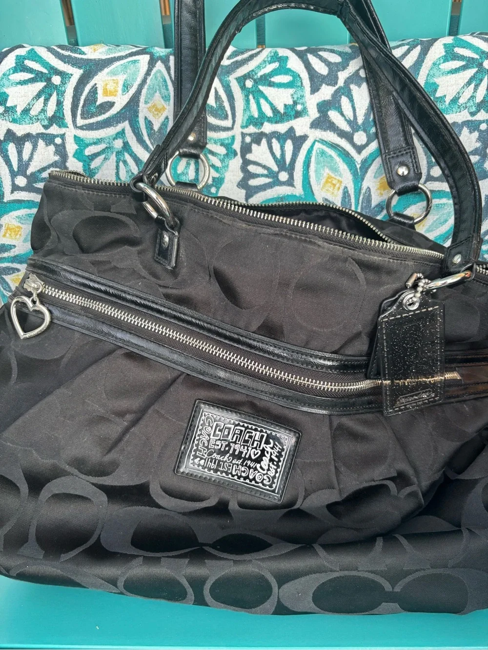 Black Coach signature jacquard shoulder/tote bag w/black leather trim
